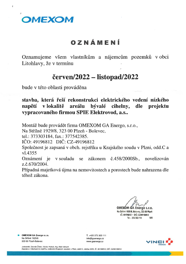 Oznámení o rekonstrukci elektrického vedení nízkého napětí v areálu bývalé cihelny - červen/2022 - listopad/2022
